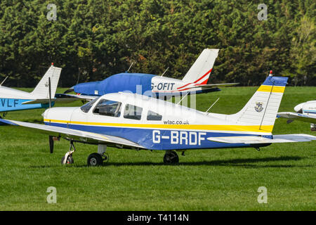 WHITE WALTHAM, ENGLAND - MARCH 2019: Piper PA28 Cherokee Warrier of the West London Aero Club at White Waltham airfield. Stock Photo