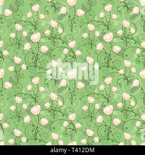 Seamless pattern with purple flowers, branches of leaves and buds. Stock Vector