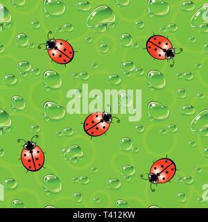 Seamless texture with ladybugs and dew drops. Stock Vector