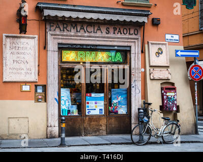 Traditional Italian Farmacia / Pharmacy in central Bologna Italy. Stock Photo