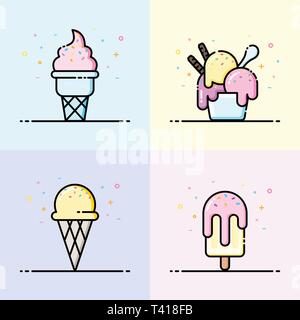 Ice cream icon collection in pastel color. Cute ice cream logo in flat line style for social media banner, summer poster and app icon design. Stock Vector