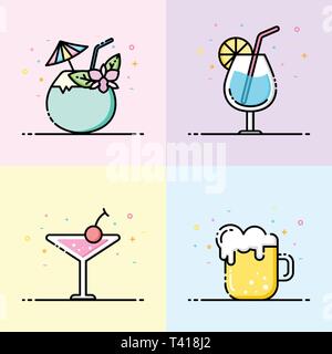 Drink icon collection pastel color in flat line style. The set contain coconut drink, water glass, cocktail and beer mug Stock Vector