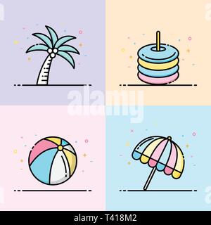 Summer icon collection in pastel color. The set contain coconut tree, rubber ring, beach ball and umbrella beach for social media banner Stock Vector
