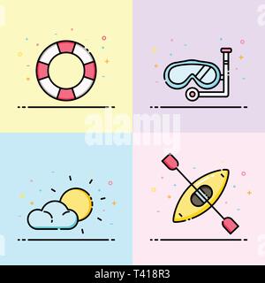 Summer icon collection in pastel color. The set contain life ring, snorkel, sun and kayak boat for social media banner and summer poster Stock Vector