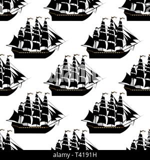 Seamless sea pattern with black  sailing ships contour on 