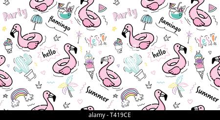 Flamingo pattern seamless. Pink flamingo pool swim ring with hand draw doodle summer element on white background. Kawaii flamingo background in pastel Stock Vector