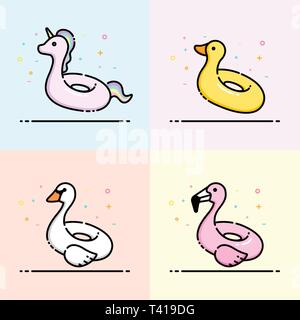 Animal pool inflatable ring icon collection contain Unicorn, Duck, Swan and flamingo. Cute animal swim ring design for business logo and social banner Stock Vector