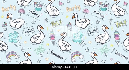 Swan pattern seamless. Hand draw swan pool swim ring with doodle summer element on blue background for kid fabric print, scrapbook, wrapping paper Stock Vector