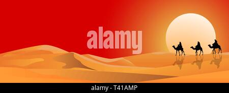 Riders on camels in the background of the sunset. Sandy desert. Stock Vector