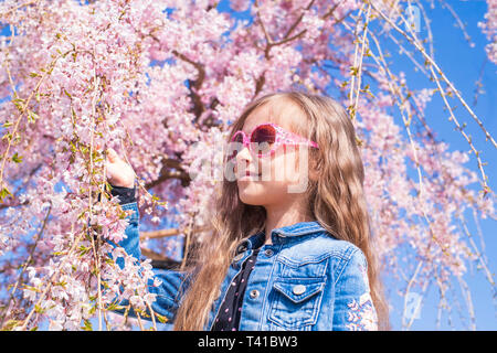 A little girl admires the spring flowering of sakura trees. Springtime. Sunny day. Stock Photo