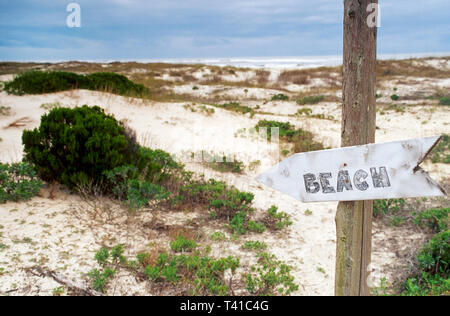Alabama Gulf Coast Baldwin County Fort Morgan Peninsula sign,Gulf of Mexico public beach sand natural dunes, Stock Photo