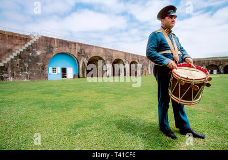 Alabama Gulf Coast Baldwin County Fort Morgan,built 1834 costumed reenactor guide soldier playing drum, Stock Photo