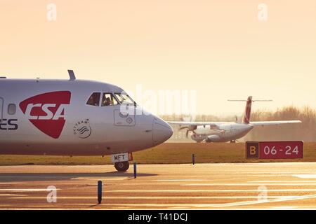 Prague, Czech Republic - March 29, 2019: Two turboprop airplanes ATR-72 of Czech Airlines (CSA) before take off from Vaclav Havel Airport Prague on Ma