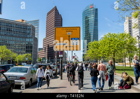 BERLIN, GERMANY - APR 28, 2018: View from the Leipziger Strasse on the modern highrise at Potsdamer Platz in Berlin. Stock Photo