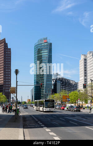 BERLIN, GERMANY - APR 28, 2018: View from the Leipziger Strasse on the modern highrise at Potsdamer Platz in Berlin. Stock Photo