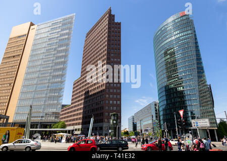 BERLIN, GERMANY - APR 28, 2018: Modern highrise and traffic at the Potsdamer Platz in Berlin. Stock Photo