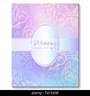 Colorful pastel blue violet pink soft floral bright invitation card with place for text. Abstract aquarelle magic cool colors hand drawn peony flowers Stock Vector