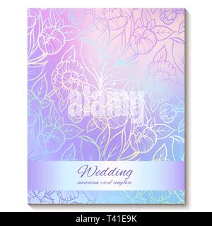 Colorful pastel blue violet pink soft floral bright invitation card with place for text. Abstract aquarelle magic cool colors hand drawn peony flowers Stock Vector