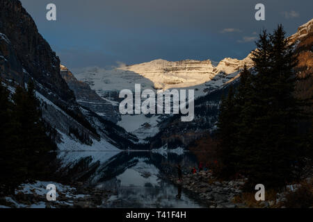 Sunrise over Mount Victoria and Mount Fairview by Lake Louise, Banff National Park, Canada Stock Photo