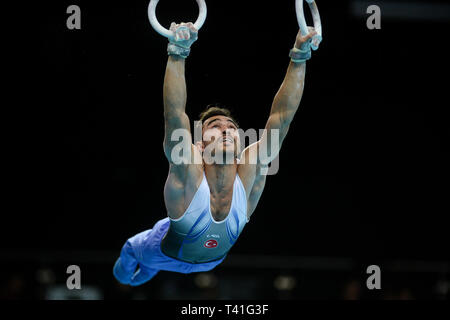 Ferhat Arican from Turkey seen in action on the rings during the Men's All-Around Final of 8th European Championships in Artistic Gymnastics. (Day 3) Stock Photo
