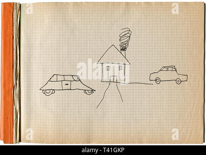 Childish drawing, kid sketch, cars and house on squared sheet Stock Photo
