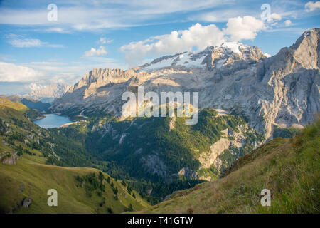 Marmolada mountain and Fedaia Lake. Marmolada is the highest mountain of the Dolomites, situated in northeast of Italy. Stock Photo