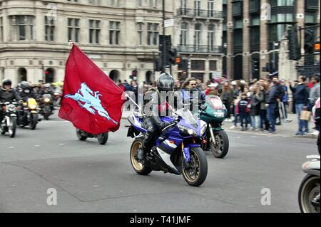LONDON, UNITED KINGDOM. 12th April 2019, Thousands of Motorbikes from acroos the country and decend upon Parliament square in a show of support for Soldier F. © Martin Foskett/Knelstrom Ltd Stock Photo