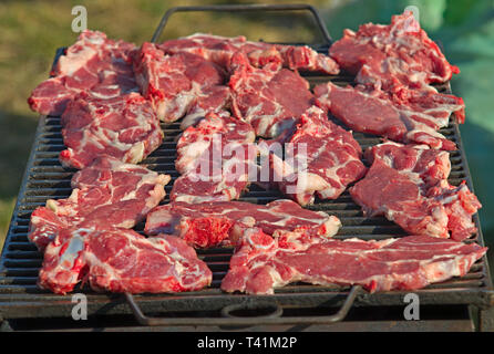 Fresh pork chops roasting on barbeque grill Stock Photo
