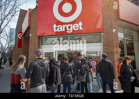 Shoppers outside the soon to be opened Target store in the Kips Bay neighborhood of New York on Sunday, April 7, 2019. (© Richard B. Levine) Stock Photo