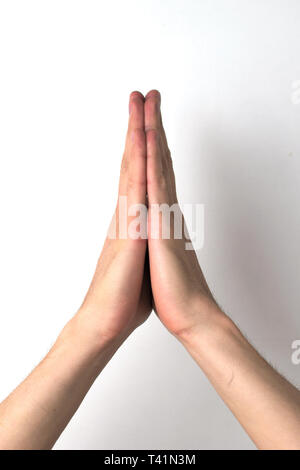 Two hands joining palms, as if praying or imploring. Stock Photo