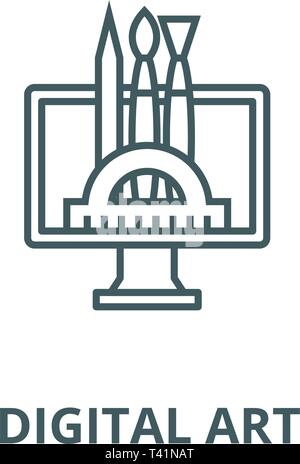 Digital art, pen, brush, compute line icon, vector. Digital art, pen, brush, compute outline sign, concept symbol, flat illustration Stock Vector