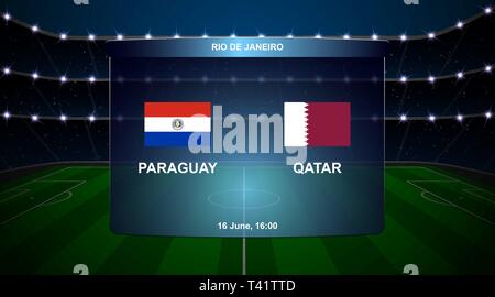 Paraguay vs Qatar football scoreboard broadcast graphic soccer template Stock Vector