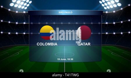 Colombia vs Qatar football scoreboard broadcast graphic soccer template Stock Vector