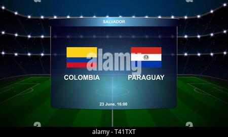 Colombia vs Paraguay football scoreboard broadcast graphic soccer template Stock Vector