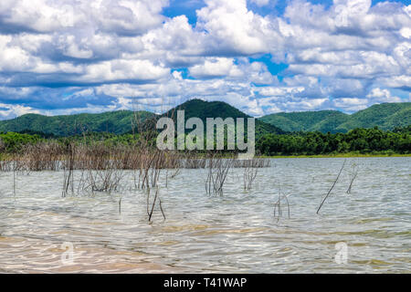 This unique picture shows the beautiful nature with hills and trees and the great reservoir in the Kaeng Krachan National Park in Thailand Stock Photo