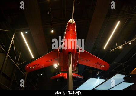 Former Red Arrow aircraft, a RAF Folland Gnat T.Mk 1 XR977, at the RAF Museum, London, UK Stock Photo