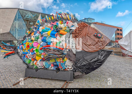 HELSINGOR, DENMARK - MARCH 24, 2019: Fish sculpture created from trash found in Oresund, the sea between Denmark and Sweden, located in Helsingor Stock Photo