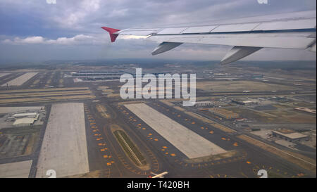 Aerial view of the terminals at the new mega airport in Istanbul, Turkey, few days after opening - seen from aboard a Turkish Airlines airplane Stock Photo