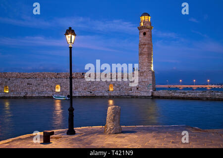 The beautiful lighthouse at the old port of Rethimno town, Crete, Greece. Stock Photo