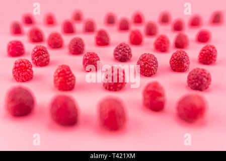 Pattern made from fresh raspberries, view from the skew, isolated on a light pink background. Stock Photo