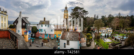Panoramic view of Italianate village in Portmeirion in Wales, UK on 9 April 2019 Stock Photo