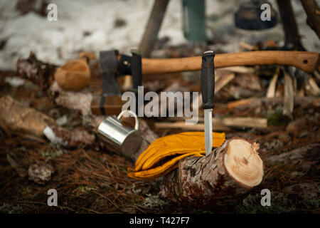 Camping, Bushcraft in the woods Stock Photo