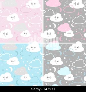 vector illustration baby seamless pattern. set children seamless pattern with cute clouds, stars. Stock Vector