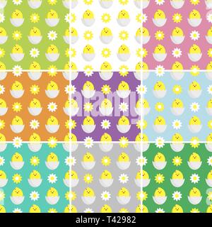 decorating textiles, packaging and wallpapers for children. set seamless vector illustration with daisies,chamomile and chickens. Stock Vector