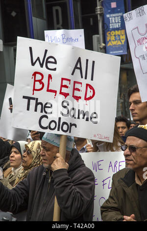 Muslims rally and march in New York City after the New Zealand massacre and for the Palestinians in Gaza as well as against Islamophobia in general. Stock Photo