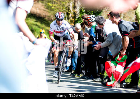 Arrate, Spain.12th April, 2019. Diego Ulissi (UAE Team Emirates) rides during 5th stage of cycling race 'Tour of Basque Country' between Arrigorriaga and Arrate Climb on April 12, 2019 in Arrate Climb, Spain. © David Gato/Alamy Live News Stock Photo
