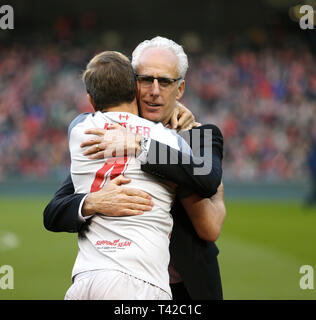 Aviva Stadium, Dublin, Ireland. 12th Apr, 2019. Charity football, Sean Cox Fundraiser, Republic of Ireland XI versus Liverpool FC Legends; Jason McAteer greets Rep of Ireland manager Mick McCarthy Credit: Action Plus Sports/Alamy Live News Stock Photo