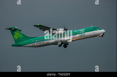 Cork Airport, Cork, Ireland. 13th April, 2019.  An Aer Lingus Regional plane bound for Birmingham takes off from Cork, Ireland.  Aer Lingus Regional are operated by Stobart Air whose cabin crew have voted in favour of industrial action and which may ground the Irish operators flights to the UK over the Easter holidays. Credit: David Creedon/Alamy Live News Stock Photo