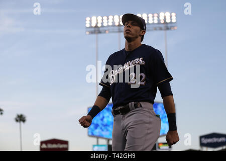 Los Angeles, California, USA. 12th Apr, 2019. Milwaukee Brewers right fielder Christian Yelich (22) makes his way to the dugout after warmups before the game between the Milwaukee Brewers and the Los Angeles Dodgers at Dodger Stadium in Los Angeles, CA. (Photo by Peter Joneleit) Credit: Cal Sport Media/Alamy Live News Stock Photo