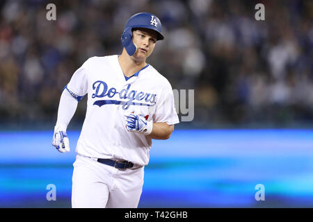 Los Angeles, California, USA. 12th Apr, 2019. Los Angeles Dodgers left fielder Joc Pederson (31) rounds the bases after his homer during the game between the Milwaukee Brewers and the Los Angeles Dodgers at Dodger Stadium in Los Angeles, CA. (Photo by Peter Joneleit) Credit: Cal Sport Media/Alamy Live News Stock Photo